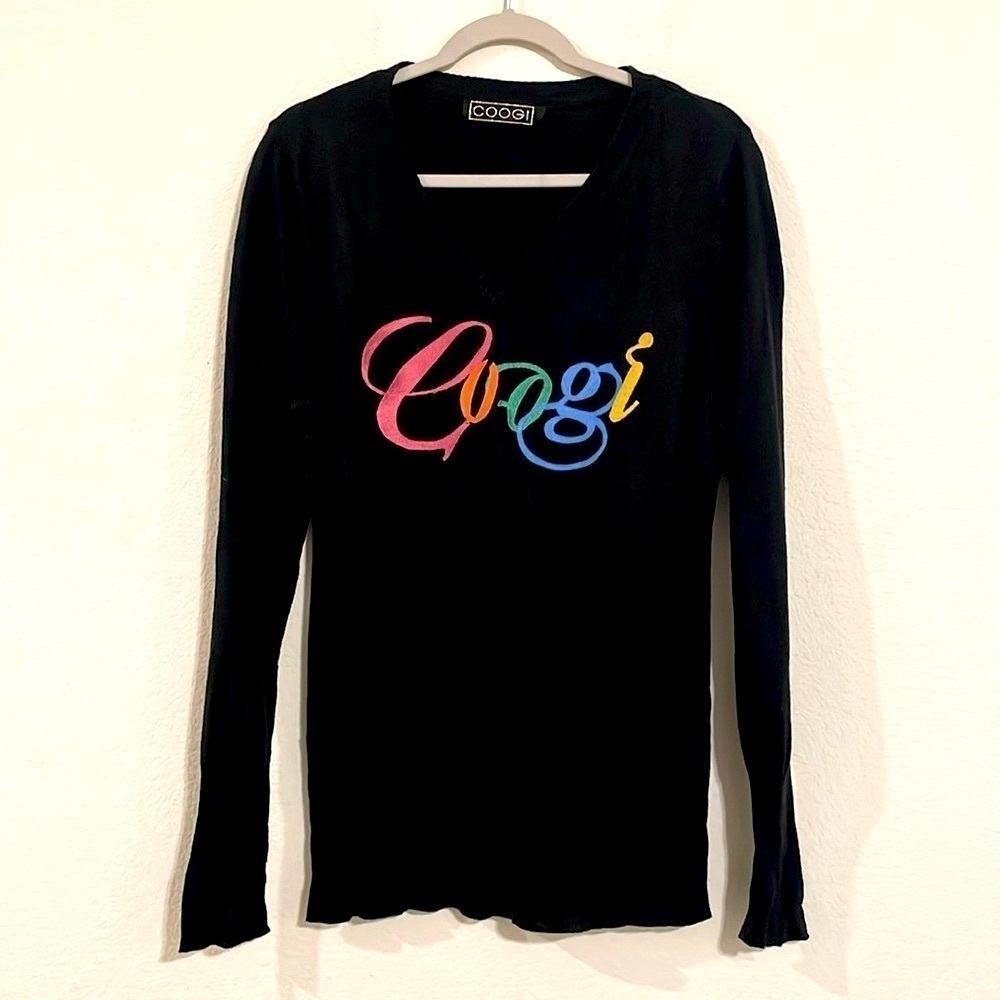 Coogi Women's V-Neck Sweater 1X Black Colorful Embroidered Logo Colorblock